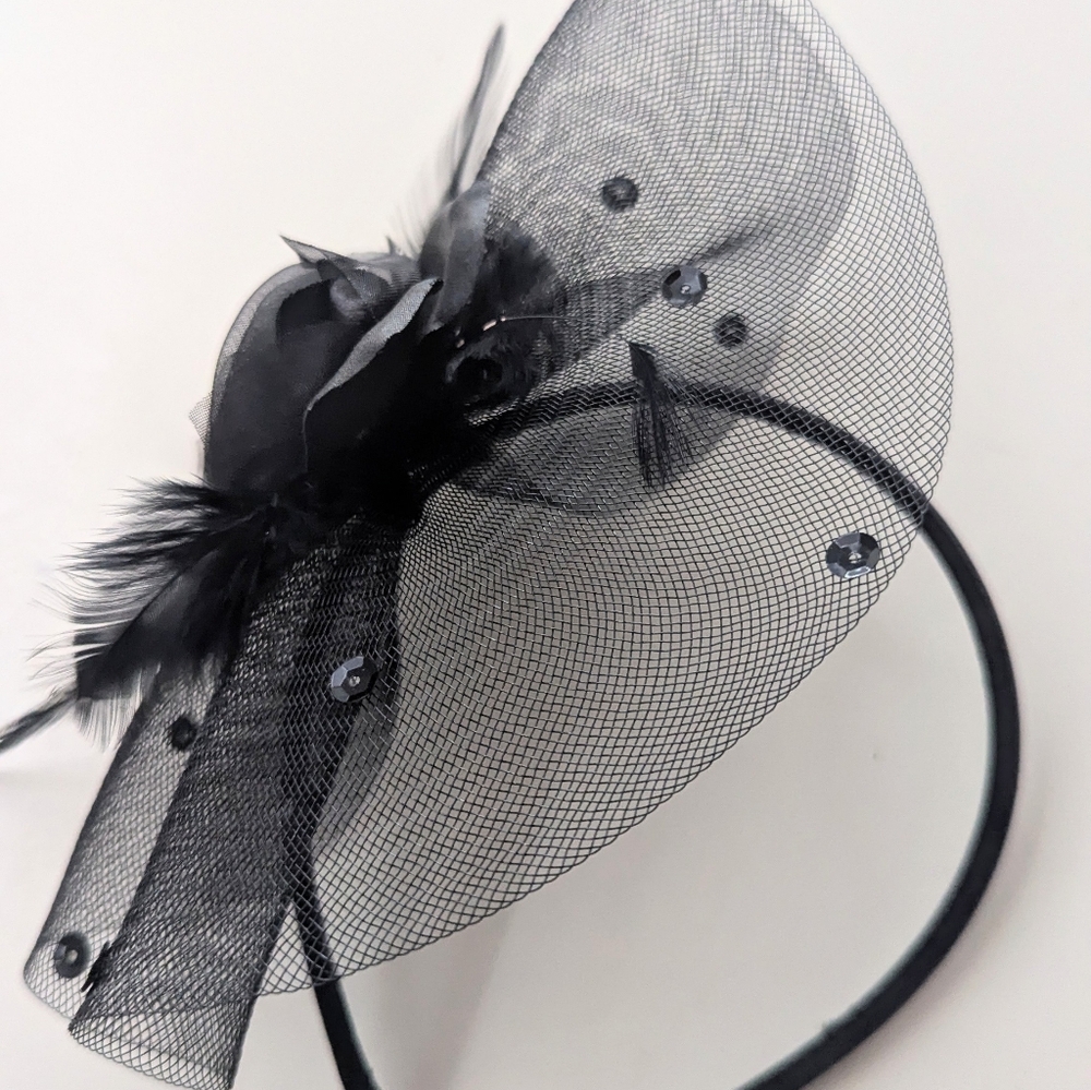 🆕 Black feather veil floral vintage inspired headband